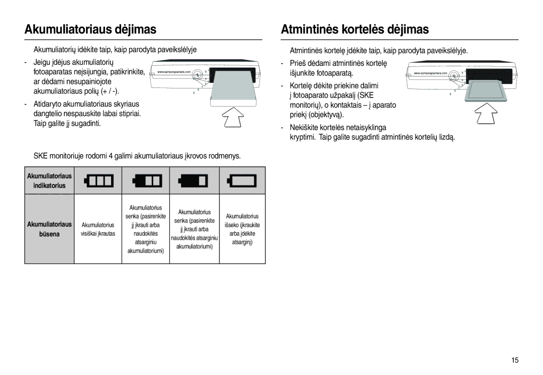 Samsung EC-L100ZSBA/RU, EC-L100ZBBA/RU manual Akumuliatoriaus dėjimas Atmintinės kortelės dėjimas, Būsena 