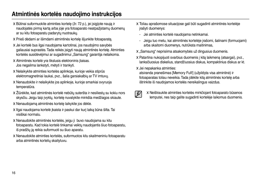 Samsung EC-L100ZBBA/RU Atmintinės kortelės naudojimo instrukcijos, „Samsung neprisiima atsakomybės už dingusius duomenis 