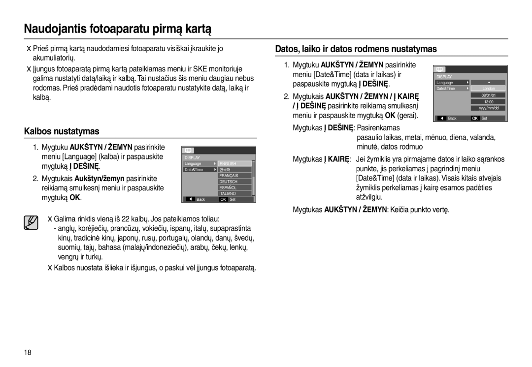 Samsung EC-L100ZBBA/RU Naudojantis fotoaparatu pirmą kartą, Datos, laiko ir datos rodmens nustatymas, Kalbos nustatymas 