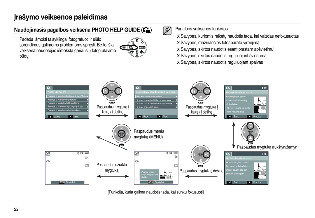 Samsung EC-L100ZBBA/RU Naudojimasis pagalbos veiksena Photo Help Guide, Kairę / į dešinę, Paspaudus mygtuką aukštyn/žemyn 