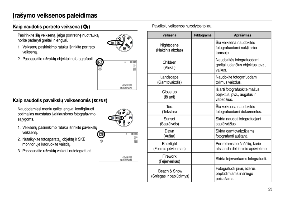 Samsung EC-L100ZSBA/RU, EC-L100ZBBA/RU manual Kaip naudotis portreto veiksena, Kaip naudotis paveikslų veiksenomis 