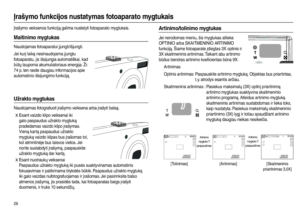 Samsung EC-L100ZBBA/RU manual Įrašymo funkcijos nustatymas fotoaparato mygtukais, Maitinimo mygtukas, Užrakto mygtukas 