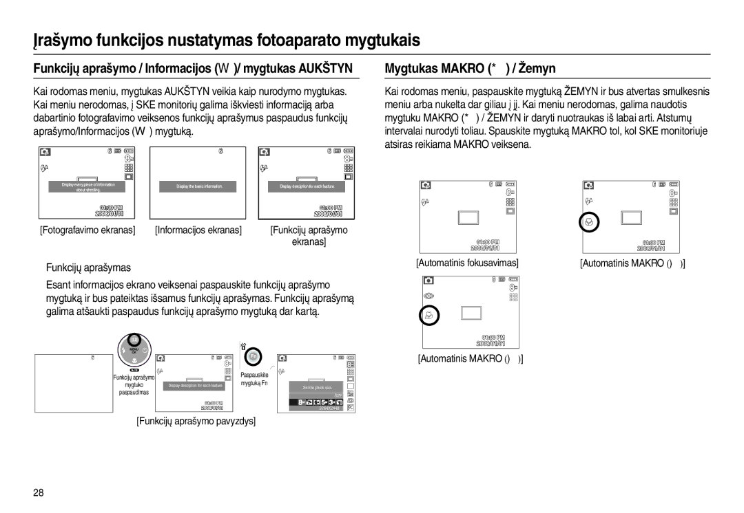 Samsung EC-L100ZBBA/RU manual Mygtukas Makro  / Žemyn, „ Funkcijų aprašymas, Fotografavimo ekranas Informacijos ekranas 