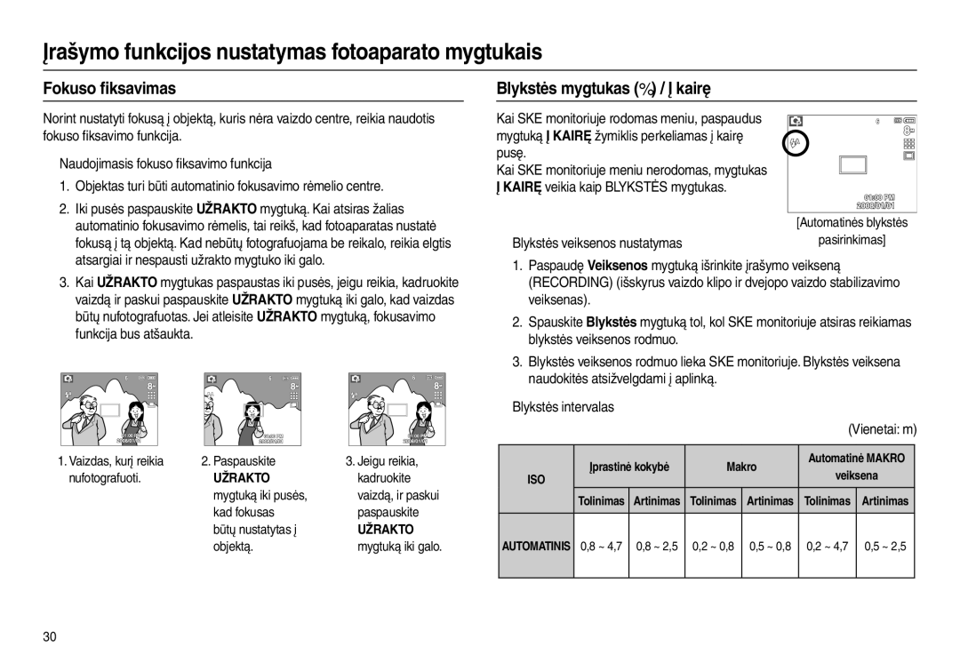 Samsung EC-L100ZBBA/RU, EC-L100ZSBA/RU Fokuso ﬁksavimas, Blykstės mygtukas  / Į kairę, „ Blykstės veiksenos nustatymas 