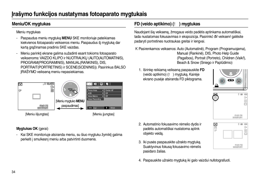 Samsung EC-L100ZBBA/RU manual Meniu/OK mygtukas, FD veido aptikimo  mygtukas, „ Meniu mygtukas, „ Mygtukas OK gerai 