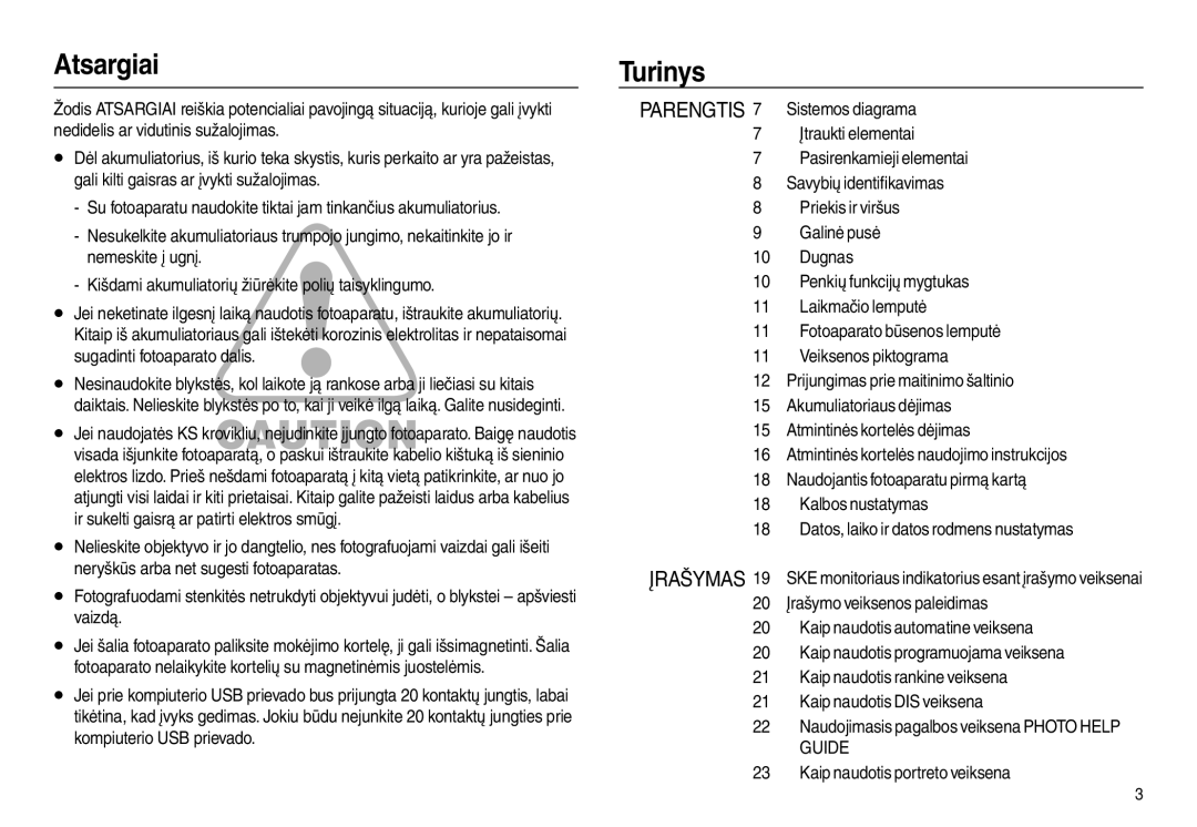 Samsung EC-L100ZSBA/RU, EC-L100ZBBA/RU manual Atsargiai, Turinys, Parengtis 7 Sistemos diagrama Įtraukti elementai 