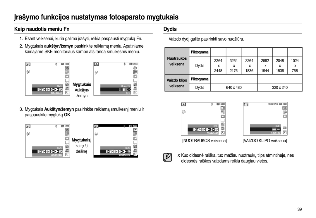 Samsung EC-L100ZSBA/RU, EC-L100ZBBA/RU manual Kaip naudotis meniu Fn, Dydis, „ Vaizdo dydį galite pasirinkti savo nuožiūra 