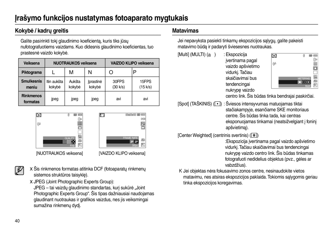 Samsung EC-L100ZBBA/RU, EC-L100ZSBA/RU manual Kokybė / kadrų greitis, Matavimas, Tendencingai, Nukrypę vaizdo 