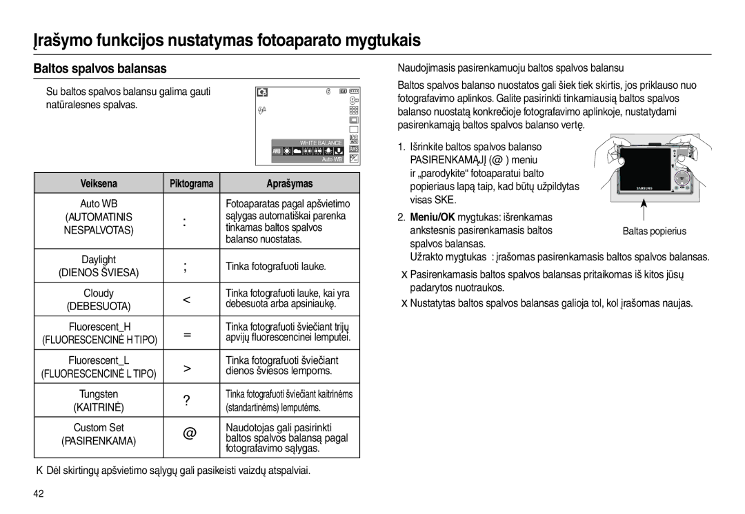 Samsung EC-L100ZBBA/RU, EC-L100ZSBA/RU manual Baltos spalvos balansas, Aprašymas 