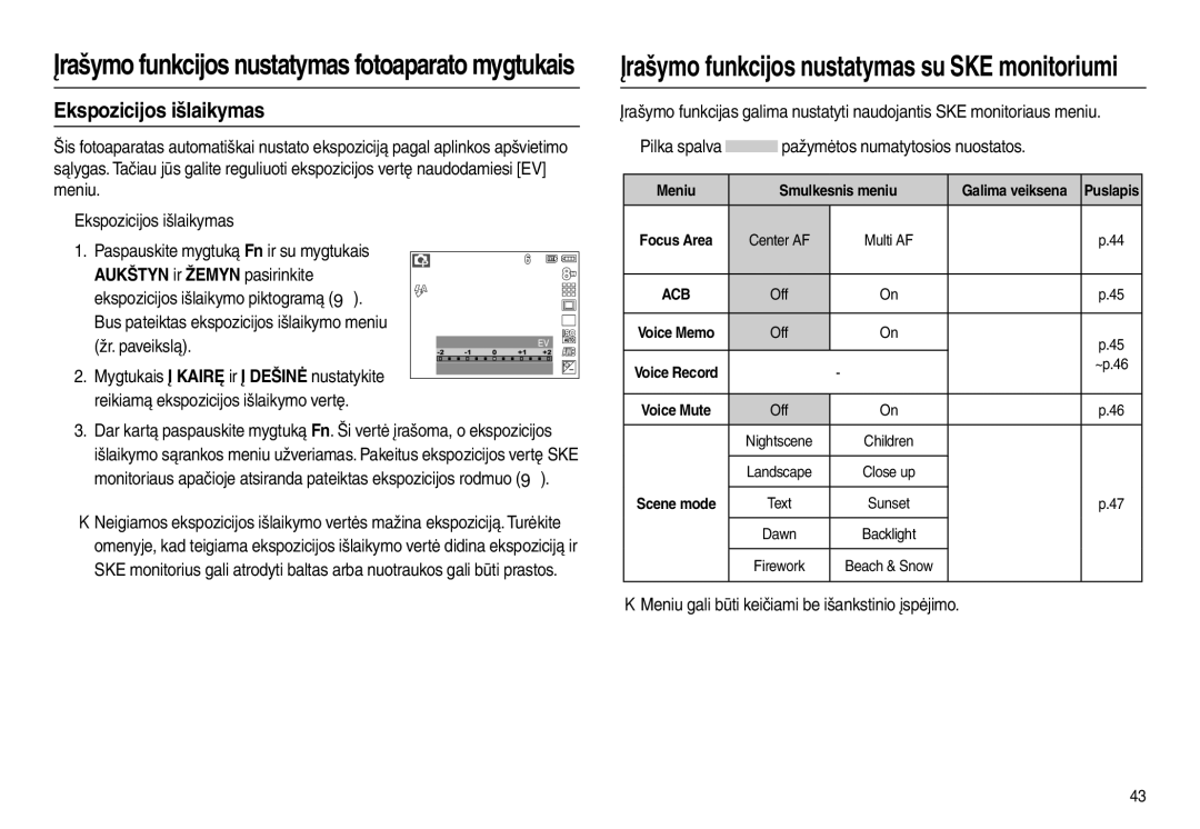 Samsung EC-L100ZSBA/RU „ Pilka spalva pažymėtos numatytosios nuostatos, Meniu gali būti keičiami be išankstinio įspėjimo 