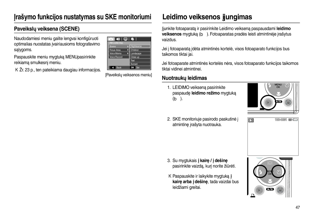 Samsung EC-L100ZSBA/RU, EC-L100ZBBA/RU manual Leidimo veiksenos įjungimas, Paveikslų veiksena Scene, Nuotraukų leidimas 