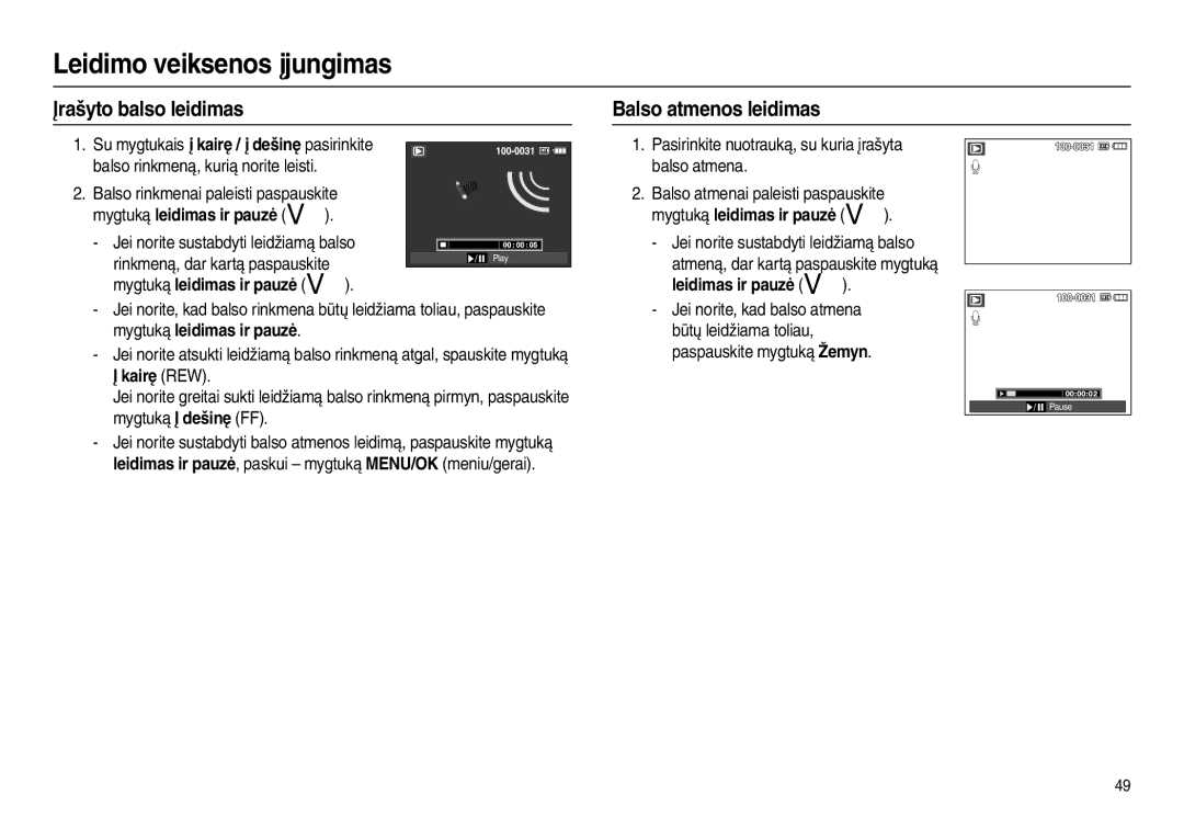 Samsung EC-L100ZSBA/RU Įrašyto balso leidimas Balso atmenos leidimas, Mygtuką leidimas ir pauzė , Leidimas ir pauzė  