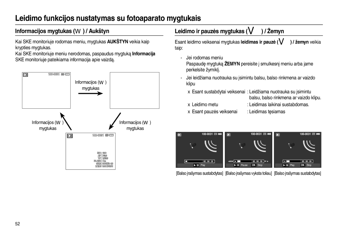 Samsung EC-L100ZBBA/RU manual Informacijos mygtukas  / Aukštyn, Leidimo ir pauzės mygtukas  / Žemyn, Leidimo metu 