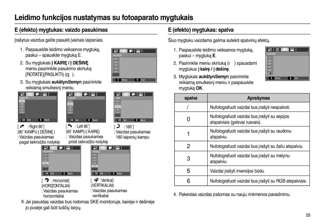 Samsung EC-L100ZSBA/RU Efekto mygtukas vaizdo pasukimas Efekto mygtukas spalva, Su mygtukais Į Kairę / Į Dešinę, Spalva 