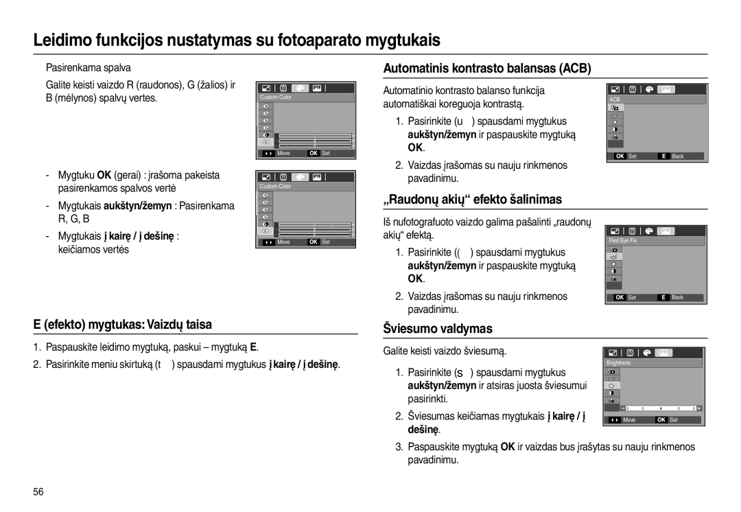 Samsung EC-L100ZBBA/RU, EC-L100ZSBA/RU manual „Raudonų akių efekto šalinimas, Efekto mygtukas Vaizdų taisa Šviesumo valdymas 