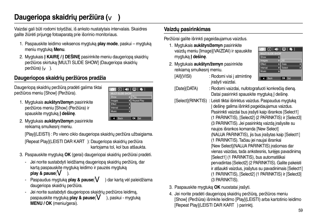 Samsung EC-L100ZSBA/RU manual Daugeriopa skaidrių peržiūra , Vaizdų pasirinkimas, Daugeriopos skaidrių peržiūros pradžia 