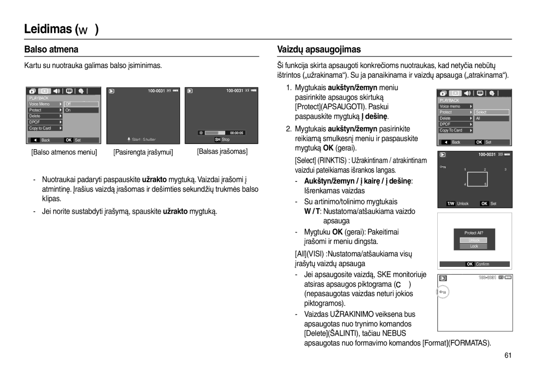 Samsung EC-L100ZSBA/RU, EC-L100ZBBA/RU manual Leidimas , Vaizdų apsaugojimas 