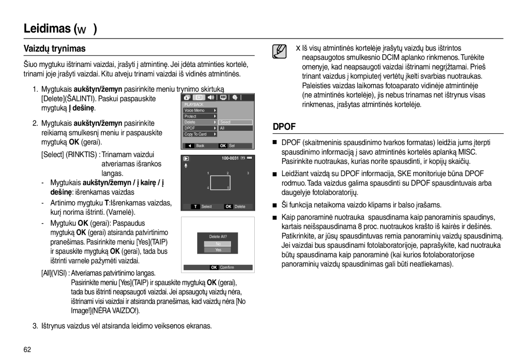 Samsung EC-L100ZBBA/RU, EC-L100ZSBA/RU manual Vaizdų trynimas, Mygtukais aukštyn/žemyn / į kairę / į 