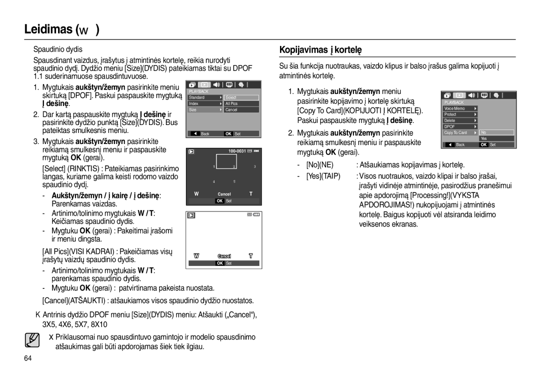 Samsung EC-L100ZBBA/RU, EC-L100ZSBA/RU manual Kopijavimas į kortelę, Aukštyn/žemyn / į kairę / į dešinę 