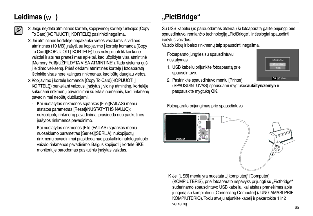 Samsung EC-L100ZSBA/RU, EC-L100ZBBA/RU manual „PictBridge, USB kabeliu prijunkite fotoaparatą prie, Spausdintuvo 