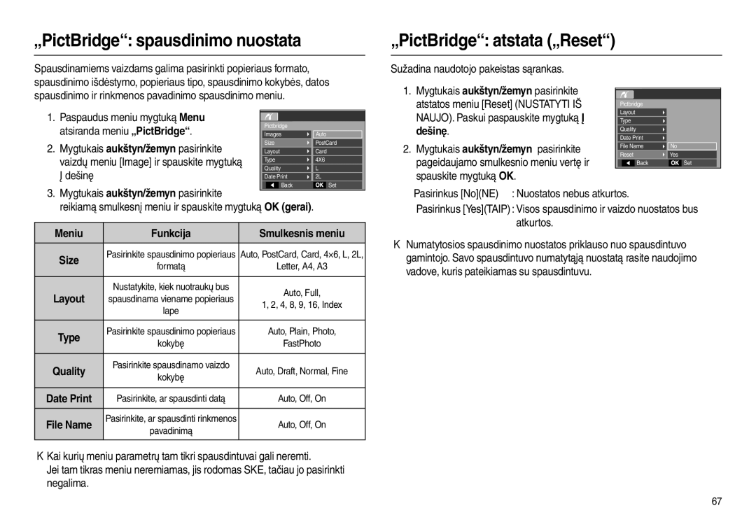 Samsung EC-L100ZSBA/RU „PictBridge spausdinimo nuostata „PictBridge atstata „Reset, Sužadina naudotojo pakeistas sąrankas 