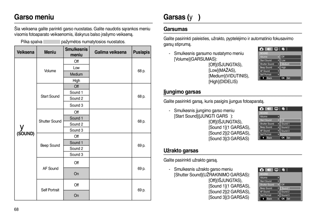 Samsung EC-L100ZBBA/RU, EC-L100ZSBA/RU manual Garso meniu, Garsas , Garsumas, Įjungimo garsas, Užrakto garsas 