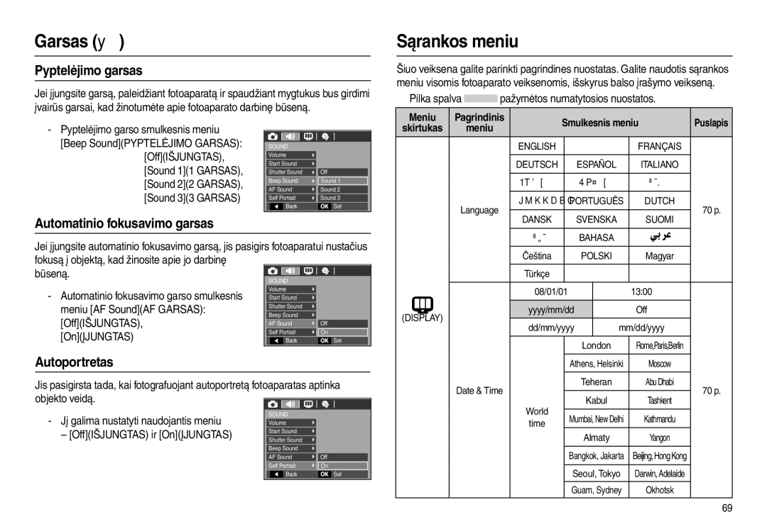 Samsung EC-L100ZSBA/RU manual Sąrankos meniu, Pyptelėjimo garsas, Automatinio fokusavimo garsas, Autoportretas, Date & Time 