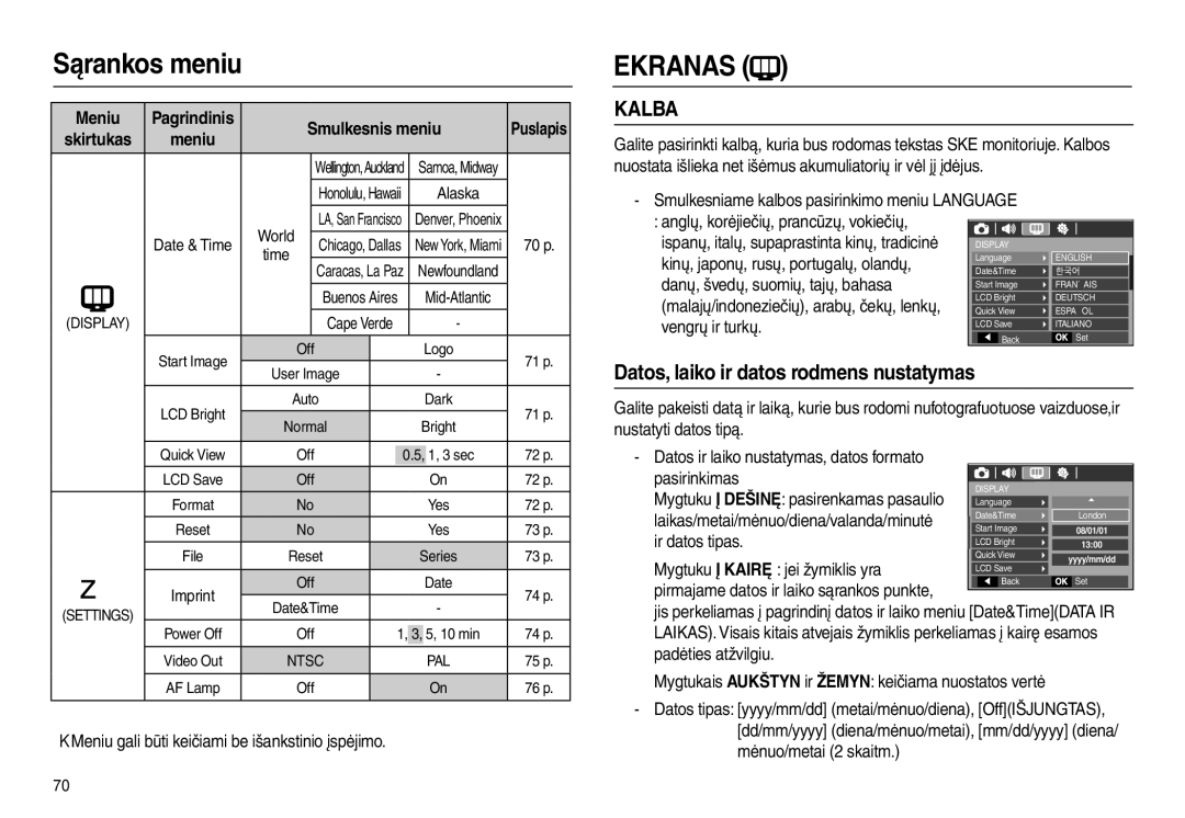 Samsung EC-L100ZBBA/RU, EC-L100ZSBA/RU manual Ekranas, Smulkesniame kalbos pasirinkimo meniu Language 