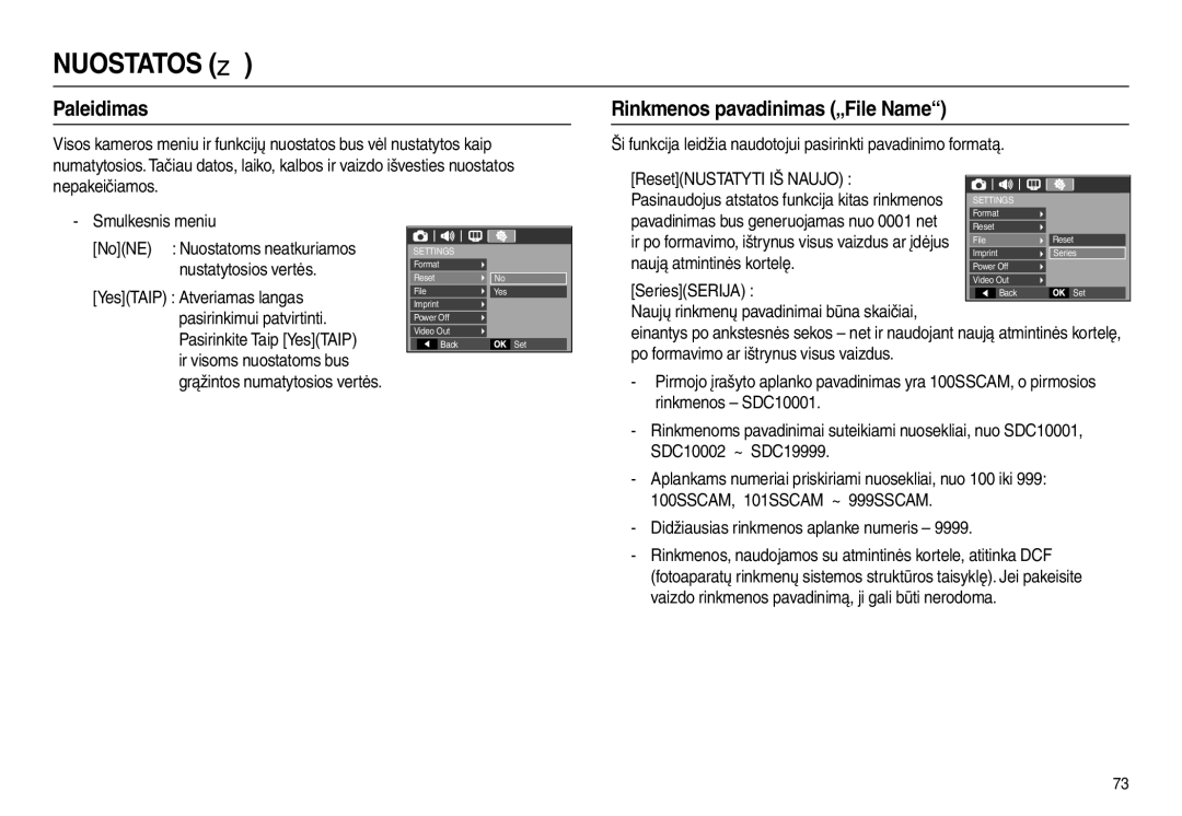 Samsung EC-L100ZSBA/RU, EC-L100ZBBA/RU manual Paleidimas, Rinkmenos pavadinimas „File Name, Smulkesnis meniu 