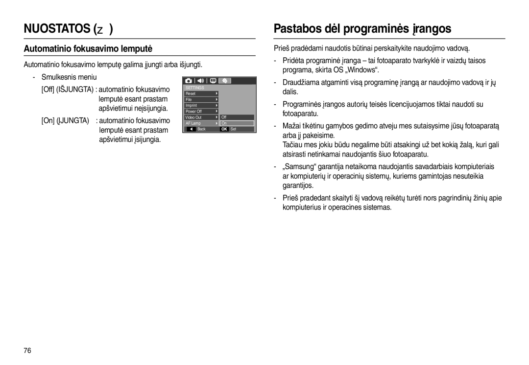 Samsung EC-L100ZBBA/RU, EC-L100ZSBA/RU manual Pastabos dėl programinės įrangos, Automatinio fokusavimo lemputė 