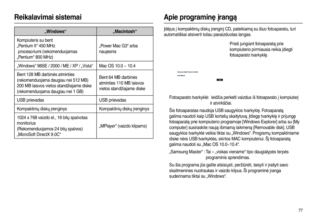 Samsung EC-L100ZSBA/RU, EC-L100ZBBA/RU manual Reikalavimai sistemai, Apie programinę įrangą, „Windows „Macintosh 