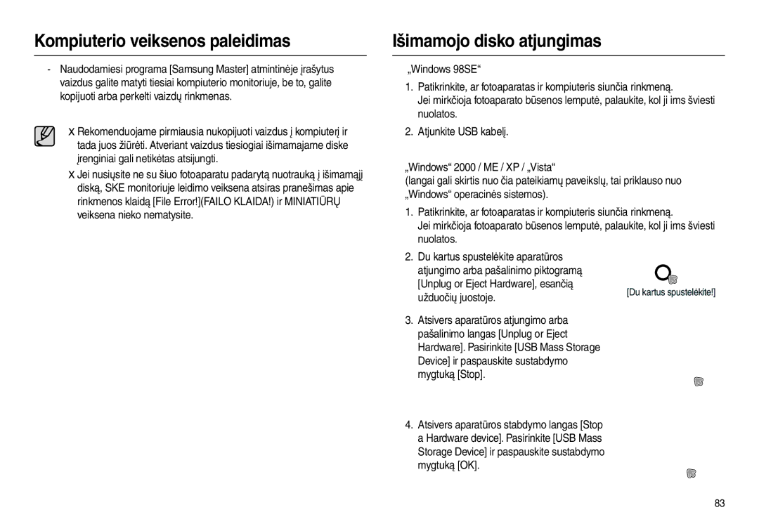 Samsung EC-L100ZSBA/RU, EC-L100ZBBA/RU Išimamojo disko atjungimas, Unplug or Eject Hardware, esančią Užduočių juostoje 