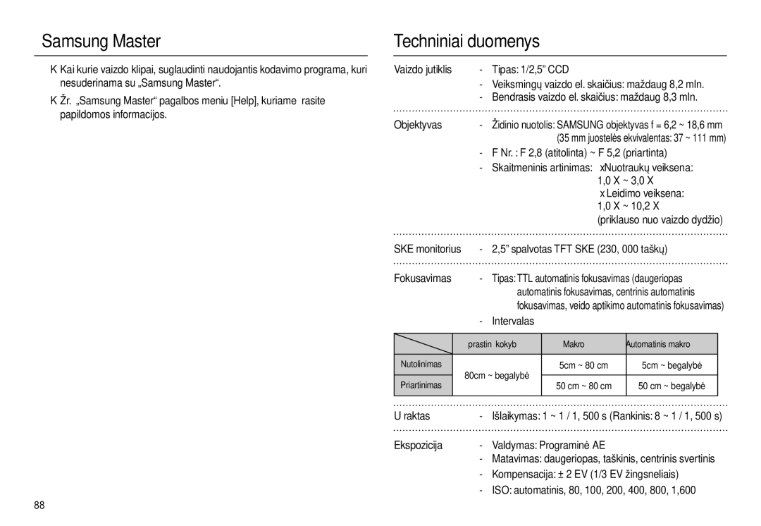 Samsung EC-L100ZBBA/RU, EC-L100ZSBA/RU manual Techniniai duomenys 