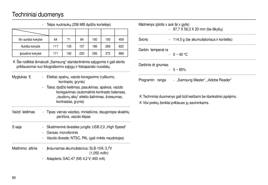 Samsung EC-L100ZBBA/RU, EC-L100ZSBA/RU Mygtukas „E, Sąsaja, Matmenys plotis x aukštis x gylis, Svoris, Darbinė temperatūra 