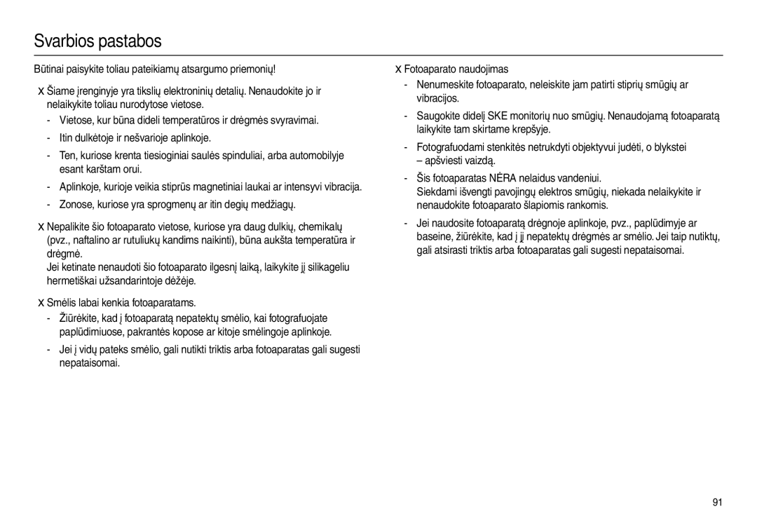 Samsung EC-L100ZSBA/RU, EC-L100ZBBA/RU manual Svarbios pastabos, Būtinai paisykite toliau pateikiamų atsargumo priemonių 