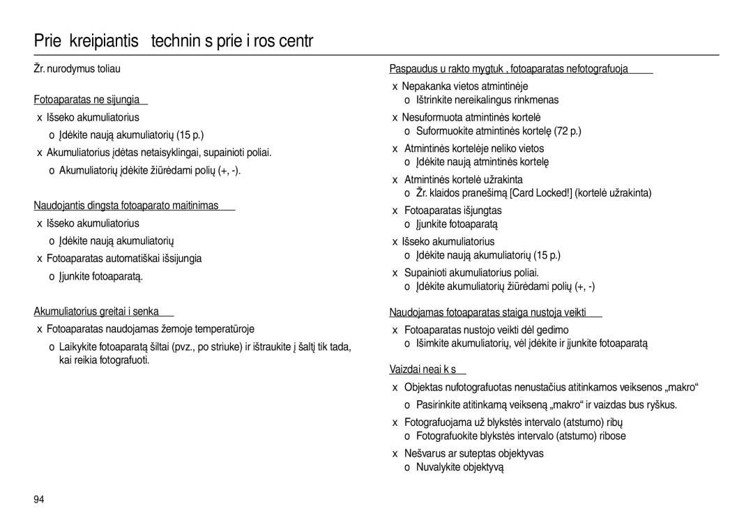 Samsung EC-L100ZBBA/RU, EC-L100ZSBA/RU manual Prieš kreipiantis į techninės priežiūros centrą 