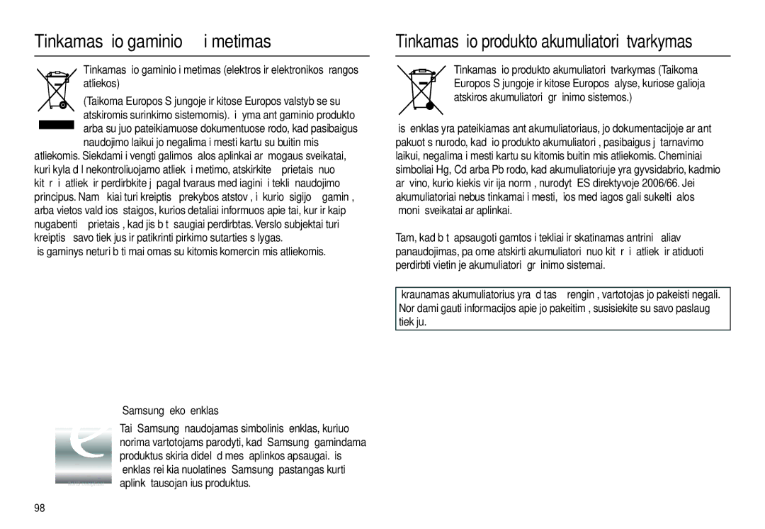 Samsung EC-L100ZBBA/RU, EC-L100ZSBA/RU manual Tinkamas šio gaminio išmetimas 