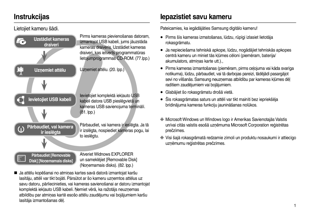 Samsung EC-L100ZSBA/RU, EC-L100ZBBA/RU manual Instrukcijas Iepazīstiet savu kameru, Akumulators, atmiņas karte utt 