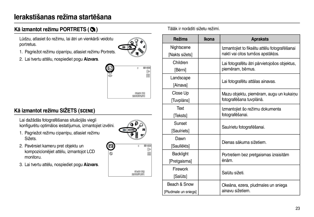 Samsung EC-L100ZSBA/RU, EC-L100ZBBA/RU manual Kā izmantot režīmu Portrets, Kā izmantot režīmu Sižets, Režīms Ikona Apraksts 