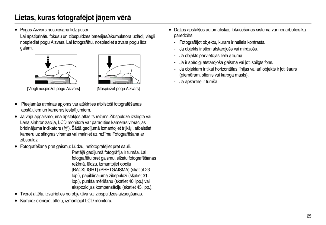 Samsung EC-L100ZSBA/RU, EC-L100ZBBA/RU manual Lietas, kuras fotografējot jāņem vērā 