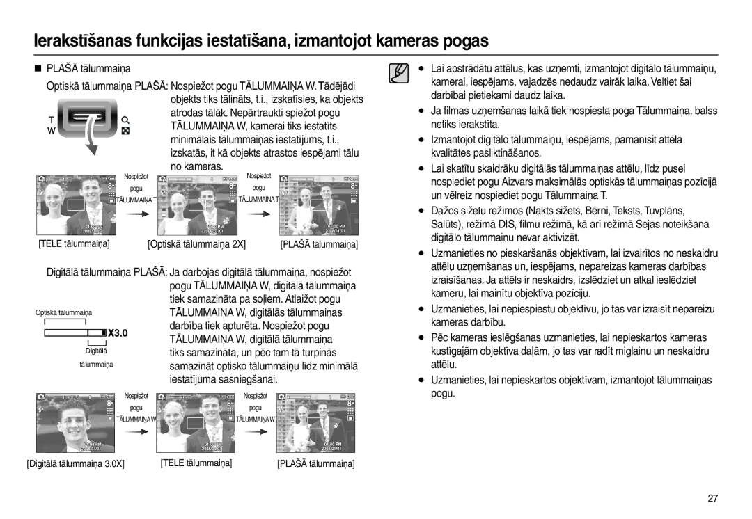 Samsung EC-L100ZSBA/RU, EC-L100ZBBA/RU manual Tiek samazināta pa soļiem. Atlaižot pogu, Tālummaiņa W, digitālās tālummaiņas 