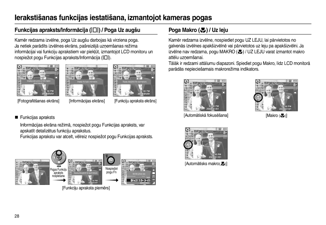 Samsung EC-L100ZBBA/RU, EC-L100ZSBA/RU manual Funkcijas apraksts/Informācija  / Poga Uz augšu, Poga Makro  / Uz leju 