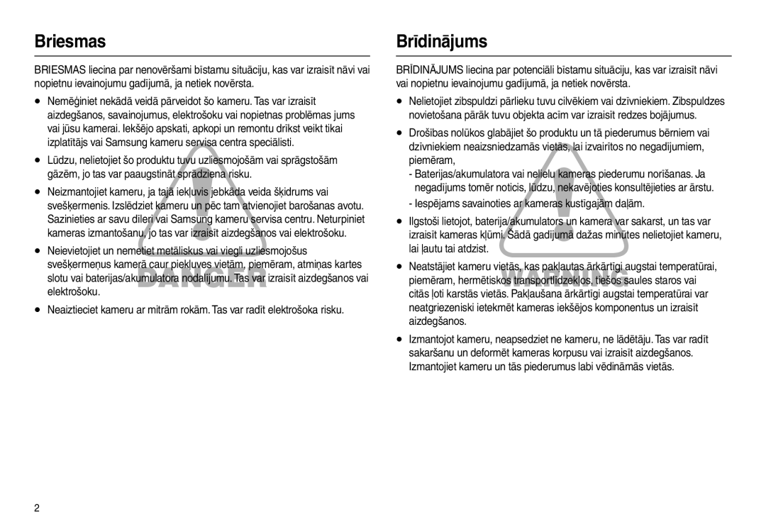 Samsung EC-L100ZBBA/RU, EC-L100ZSBA/RU manual Briesmas, Brīdinājums 