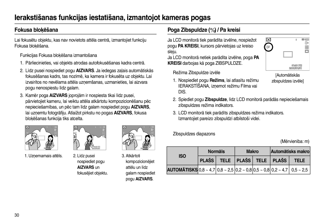 Samsung EC-L100ZBBA/RU, EC-L100ZSBA/RU manual Fokusa bloķēšana Poga Zibspuldze  / Pa kreisi, Normāls Makro, ~ 2,5 