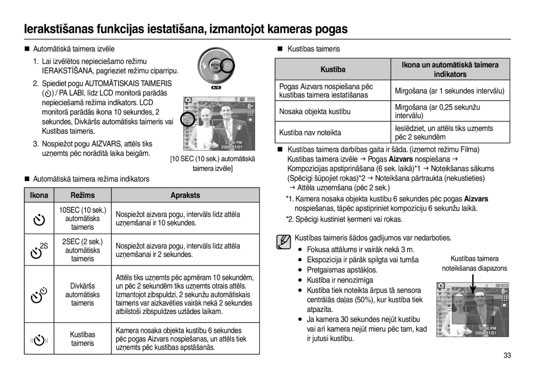 Samsung EC-L100ZSBA/RU, EC-L100ZBBA/RU manual Kustība Ikona un automātiskā taimera Indikators 