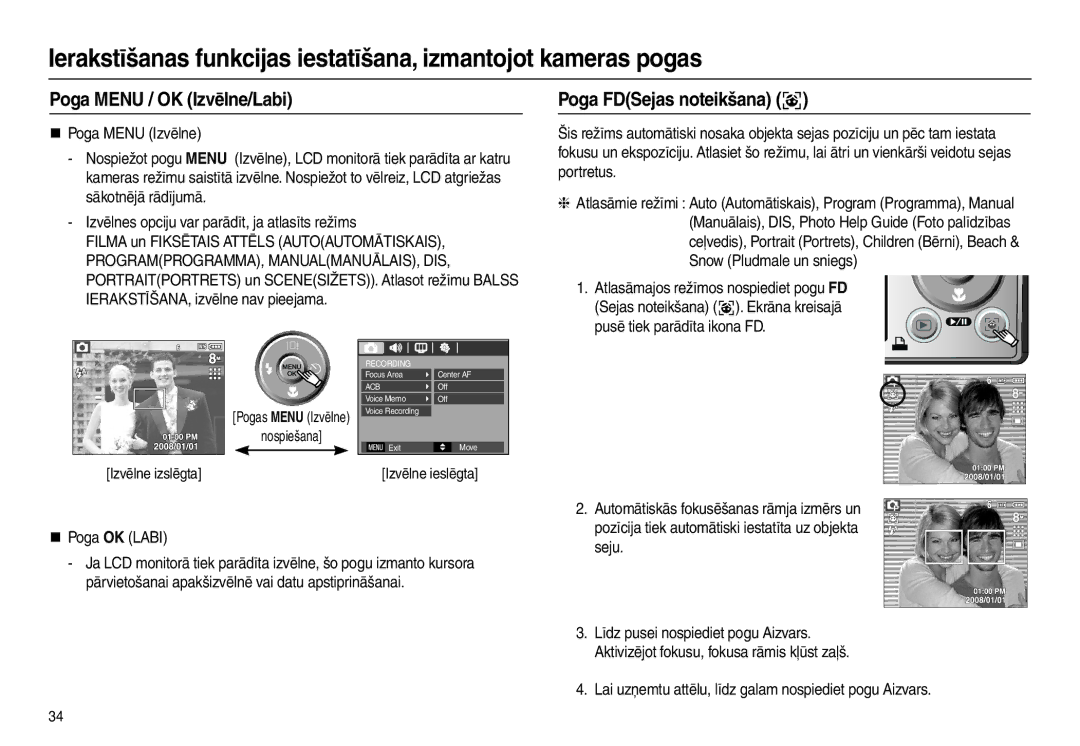 Samsung EC-L100ZBBA/RU, EC-L100ZSBA/RU manual Poga Menu / OK Izvēlne/Labi, Poga FDSejas noteikšana , „ Poga OK Labi 