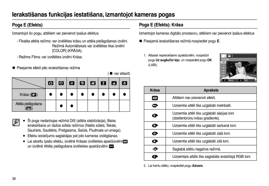 Samsung EC-L100ZBBA/RU, EC-L100ZSBA/RU manual Poga E Efekts Krāsa, Krāsa Apraksts 