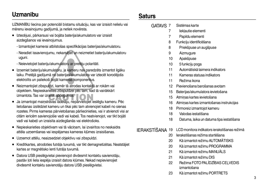 Samsung EC-L100ZSBA/RU, EC-L100ZBBA/RU manual Uzmanību, Saturs 