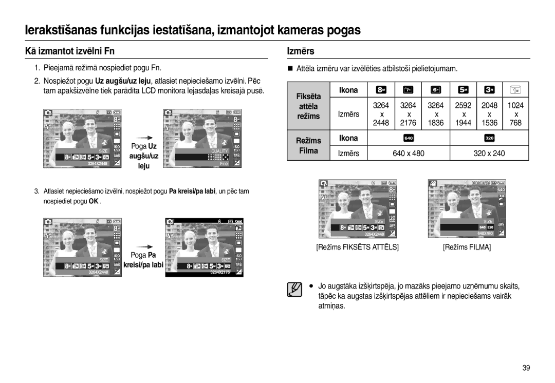 Samsung EC-L100ZSBA/RU, EC-L100ZBBA/RU manual Kā izmantot izvēlni Fn, Izmērs, Fiksēta Ikona 