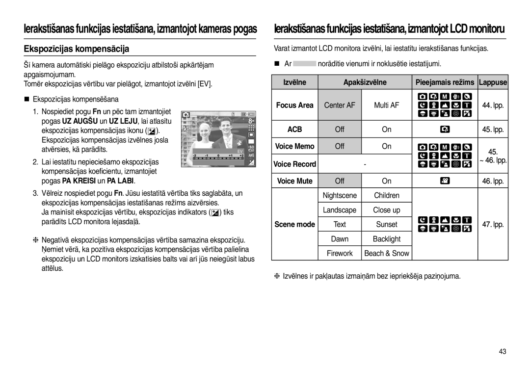 Samsung EC-L100ZSBA/RU, EC-L100ZBBA/RU manual Ekspozīcijas kompensācija, Izvēlne Apakšizvēlne, Focus Area, Scene mode 